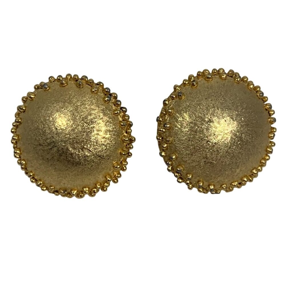 CROWN TRIFARI Clip On Dome Earrings Brushed Gold Tone Dotted Edge Signed VTG
